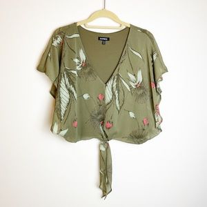 Express Green Floral Cropped Blouse Top Large